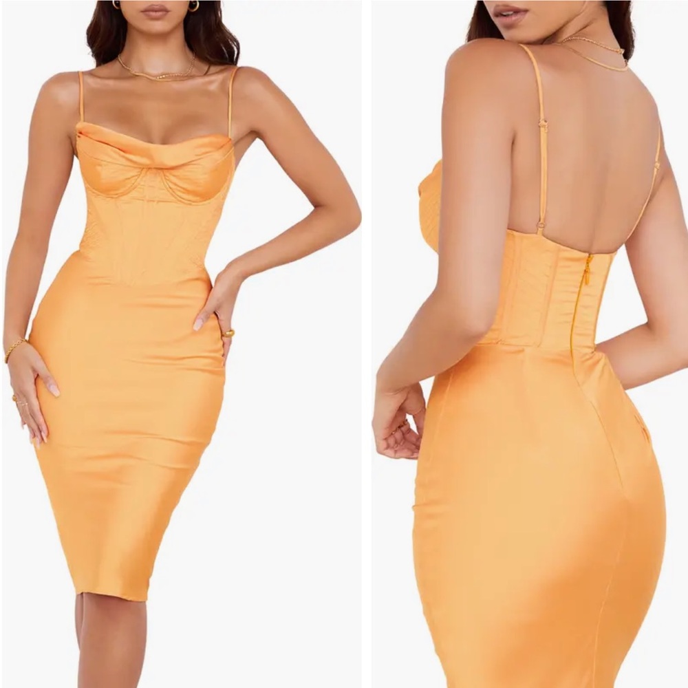 HousofCB Myrna Satin Corset Dress in Tangerine